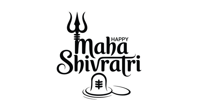 Happy maha shivratri typography with trishul and shivling symbol, black and white hindu religious festival calligraphy design isolated on white