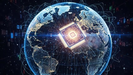 Futuristic glowing earth globe with central illuminated processor chip and worldwide digital network connections