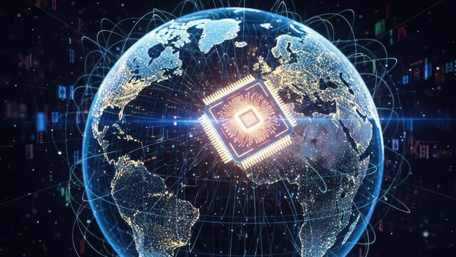 Futuristic glowing earth globe with central illuminated processor chip and worldwide digital network connections - Powered by Adobe
