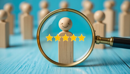 Employee performance evaluation and talent recruitment concept with five star rating under magnifying glass for corporate human resources landing page