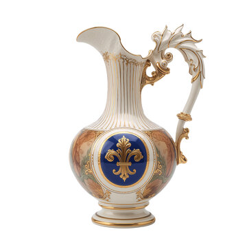 Antique Porcelain Pitcher with Fleur-de-lis Emblem and Ornate Handle