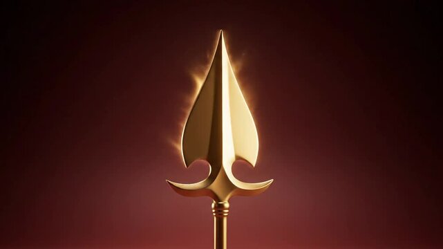 Close-up of the sacred golden vel, murugan's spear, dramatically glowing on a deep red background for thaipusam.