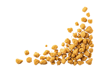 Photorealistic top-down studio flat lay of golden-brown cookie crumbs scattered on transparent, copy space, high-key lighting, sharp focus, deliciousness for food advertising