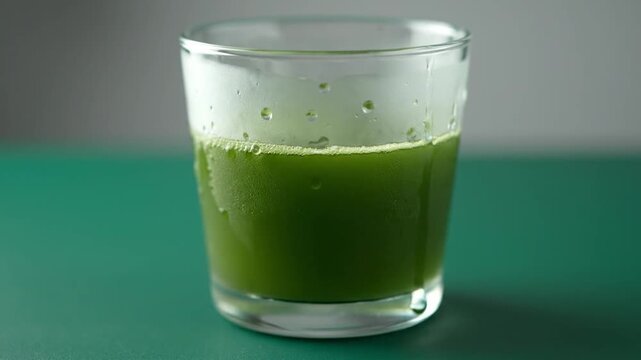 A surreal scene featuring absurdly vibrant green juice in a glass, embodying silliness on a calm surface.