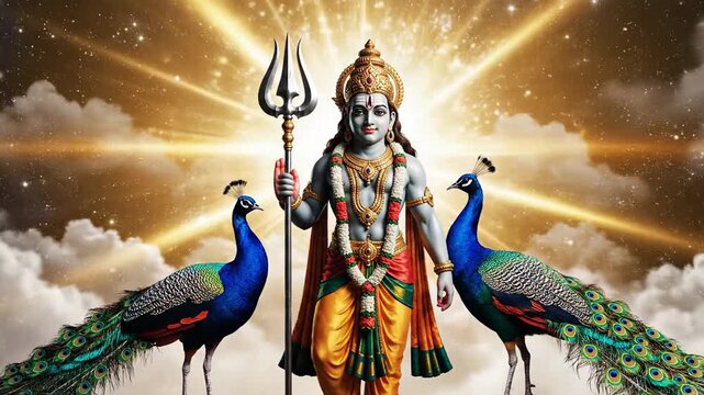 Radiant digital illustration of lord murugan holding the vel and flanked by peacocks, symbolizing thaipoosam against a golden celestial background.