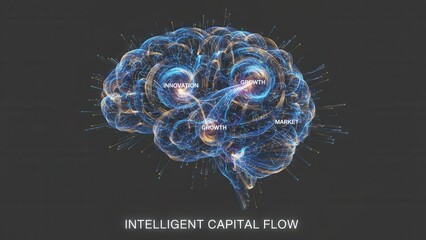 Abstract digital brain visualization of intelligent capital flow driving innovation growth and