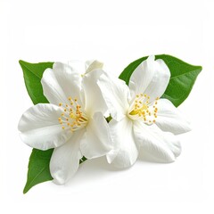 Obraz premium Two white flowers with green leaves on white