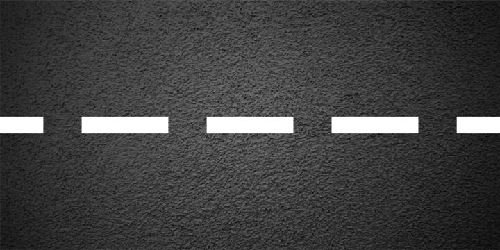 Asphalt road with white lane marking, concrete highway surface, texture. Street traffic line, road dividing strip. Pattern with grainy structure, grunge stone background. Vector illustration