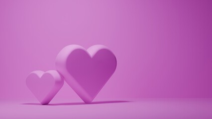 3d plastic hearts on pink background. Romantic concept for Valentine's Day, 3d banner love concept illustration