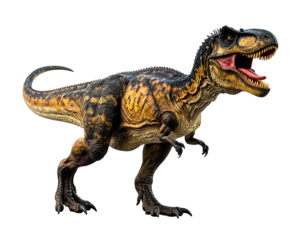 A fierce, bipedal dinosaur with a patterned hide and an open mouth, revealing teeth and a tongue. Isolated on black
