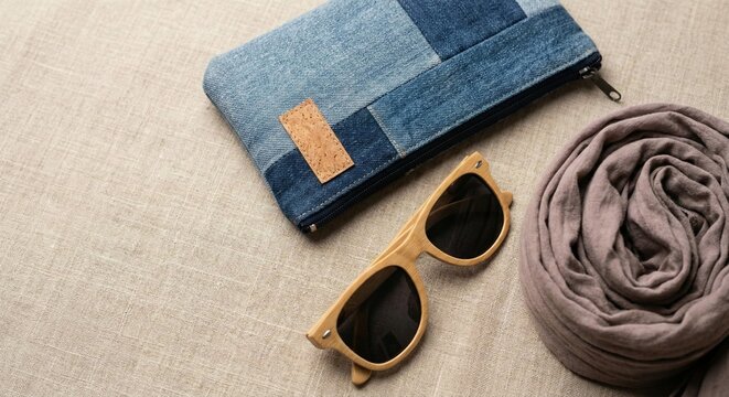 Denim Clutch, Sunglasses and Scarf on Linen Fabric