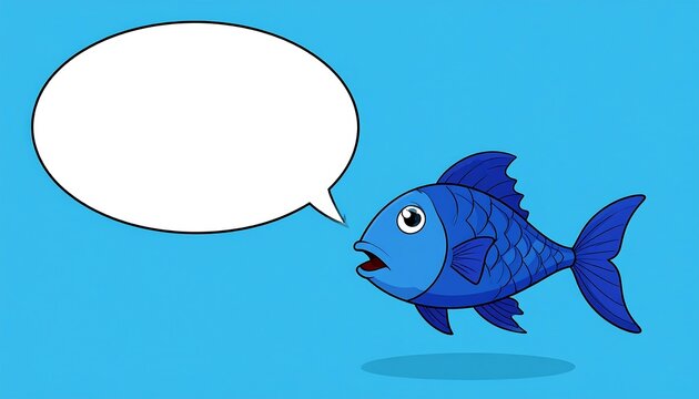 Animated blue fish with an open mouth and blank speech bubble