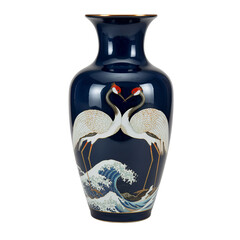 Elegant Blue Porcelain Vase with Cranes and Waves Decor