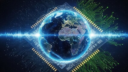 AI Digital Earth Globe with Neon Blue Cyber Lines and Data Flow