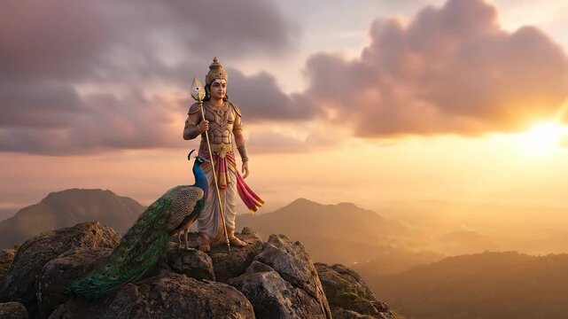 Majestic lord murugan, holding the vel and standing with his peacock, overlooks mountains at golden sunset.