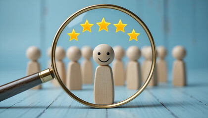 Employee recruitment and talent selection concept with magnifying glass over smiling wooden figure for human resources website banner