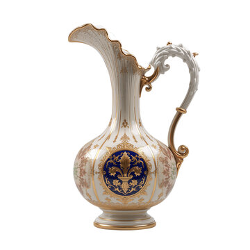 Elegant White Porcelain Pitcher with Gold Fleur-de-lis Emblem and Intricate Details