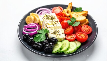 A colorful plate of Greek salad ingredients