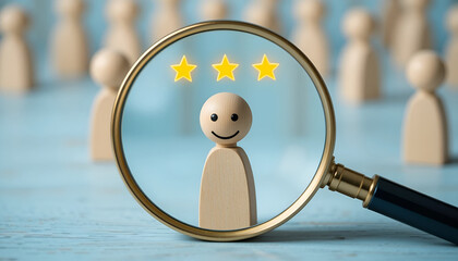 Employee recruitment and talent selection concept with magnifying glass over smiling wooden figure for human resources website banner
