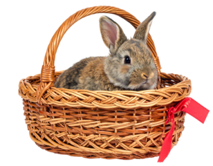 A fluffy bunny nestled in a woven basket, complete with a red ribbon. The bunny has brown and tan fur