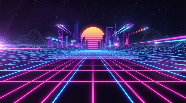 Futuristic cityscape with neon grid and vibrant sunset on a dark background viewed from a futuristic perspective