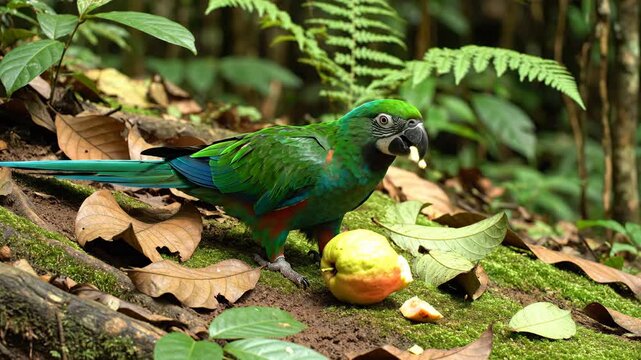 A vibrant green parrot eating a fruit on the forest floor, surrounded by leaves and plants