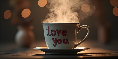 White cup with I love you text and steam in warm light. AI Generated, Generative AI