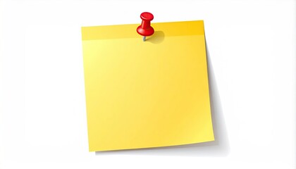 Yellow sticky note with red thumbtack on white backdrop