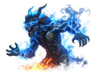 A fierce blue creature with glowing eyes and horns, wreathed in electric energy, rising from flames, ready to strike