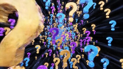 A person's head is filled with a swirling explosion of colorful question marks - Powered by Adobe