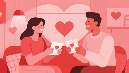 Illustration Of Couple Exchanging Handwritten Love Letters, Cozy Indoor Lighting, Valentine Atmosphere Vector Design Template