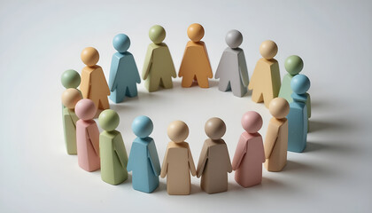 Diversity and inclusion community concept with colorful wooden figures in a circle for corporate teamwork website banner