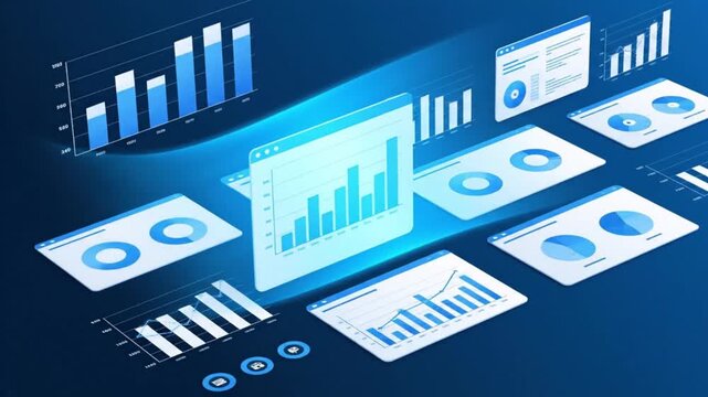 A collection of digital graphs and charts displayed on various screens with a futuristic blue glow against a dark background.