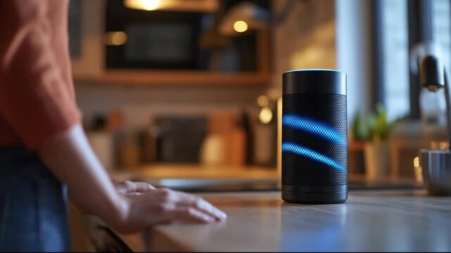 Woman's hand reaching for smart speaker in modern kitchen, home automation concept