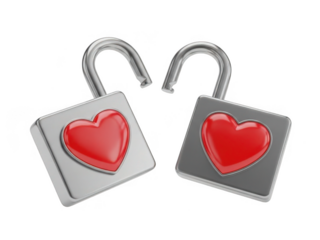 Open locks with red hearts isolated on transparent background