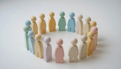 Social inclusion and community diversity concept with colorful wooden figures in a circle for human resources website banner