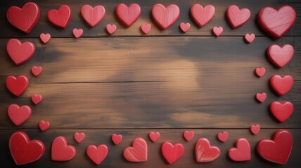 A rustic wooden frame adorned with red hearts