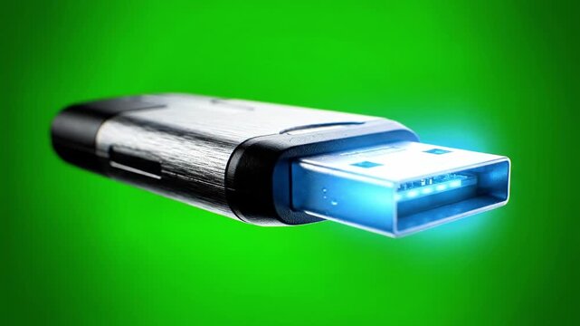 A sleek, silver USB connector with a glowing blue interior, set against a vibrant green background