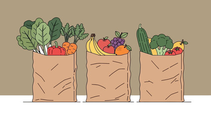 Brown paper shopping bags filled with fresh organic vegetables including carrots, bell peppers, and broccoli on a clean white background, representing eco-friendly grocery shopping and healthy lifesty