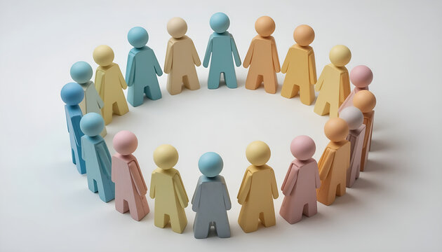 Diversity and inclusion community concept with wooden peg figures in a circle for corporate teamwork blog header