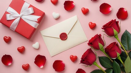 Romantic valentine's day gift with roses and hearts