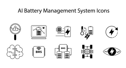 AI BMS Battery Icons: A collection of black-and-white vector icons representing battery monitoring, AI intelligence, charging cycles, and system architecture in electric vehicles and electronics.