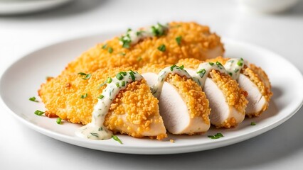 Crispy breaded chicken breast slices served with creamy herb sauce and fresh parsley garnish on a white plate, close-up shot. chicken romano for restaurant menu design, photography, food blogs