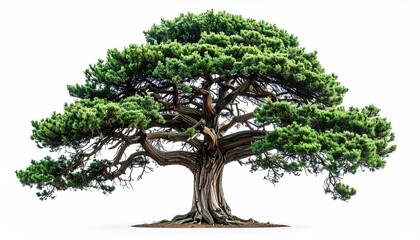 Fototapeta premium Full, green-leaved tree with gnarled trunk, white bg