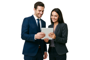 Two business people in office discussing and collaborating while using a digital tablet, transparent png