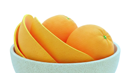 Oranges in a bowl with stylized orange peel segments