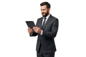 Handsome Entrepreneur using a tablet isolated on transparent background
