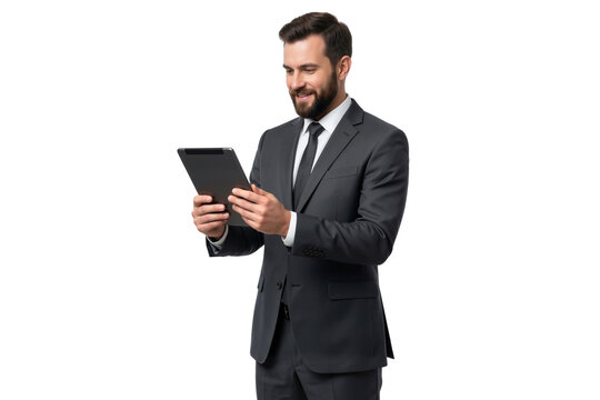 Handsome Entrepreneur using a tablet isolated on transparent background