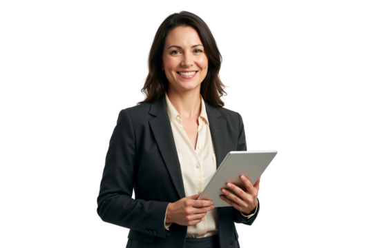 Happy businesswoman with digital tablet, business concept, isolated on transparent background, png - Powered by Adobe