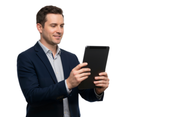 Businessman using a digital tablet and working, isolated on transparent background